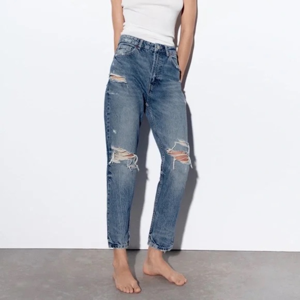 Zara Distressed Blue Womens Mom Jeans